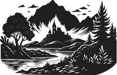 Mountain landscape silhouette with trees and mountain range, wild nature scene vector, outdoor adventure design, pine forest horizon, hiking and camping background illustration