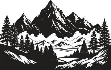 Mountain landscape silhouette with trees and mountain range, wild nature scene vector, outdoor adventure design, pine forest horizon, hiking and camping background illustration