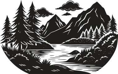 Mountain landscape silhouette with trees and mountain range, wild nature scene vector, outdoor adventure design, pine forest horizon, hiking and camping background illustration