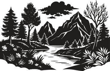 Mountain landscape silhouette with trees and mountain range, wild nature scene vector, outdoor adventure design, pine forest horizon, hiking and camping background illustration