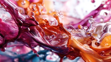 An abstract composition featuring vibrant splashes of liquid in shades of purple, orange, and pink, conveying movement and energy through textured flowing forms.
