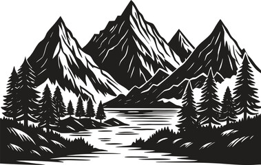 Mountain landscape silhouette with trees and mountain range, wild nature scene vector, outdoor adventure design, pine forest horizon, hiking and camping background illustration