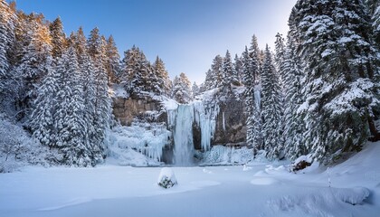 Fototapeta premium majestic frozen waterfall surrounded by snow covered pine trees in a winter wonderland landscape create a serene and tranquil atmosphere