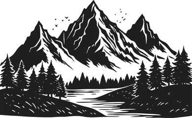 Mountain landscape silhouette with trees and mountain range, wild nature scene vector, outdoor adventure design, pine forest horizon, hiking and camping background illustration