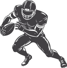 American football player silhouette with ball, dynamic athlete pose vector, sporty action graphic, black flat figure illustration, team game concept, bold minimal football icon design