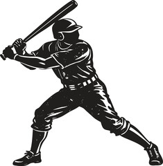 Baseball player silhouette with bat, action pose vector illustration, athletic sports icon, black flat graphic design, batter swinging bat, team sport symbol for game or training concept