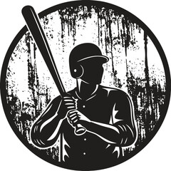 Baseball player silhouette with bat, action pose vector illustration, athletic sports icon, black flat graphic design, batter swinging bat, team sport symbol for game or training concept