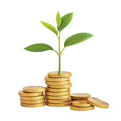Green plant sprouting from stacks of gold coins symbolizing financial growth and investment isolated on transparent background