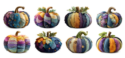 Collection of handmade colorful pumpkins in patchwork style on transparent background