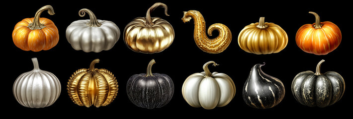 Assorted Metallic and Natural Pumpkins on Black Background for Seasonal Decor