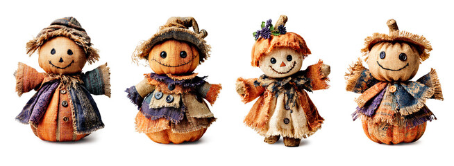Handmade funny scarecrows for Halloween themed in patchwork style on transparent background