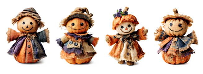 Handmade funny scarecrows for Halloween themed in patchwork style on transparent background