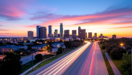 Fototapeta premium Colorful twilight sky over a downtown cityscape with highway light trails.
