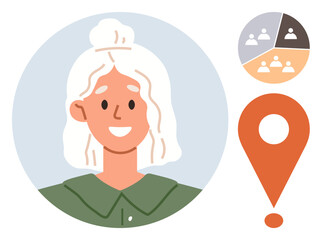 Blonde-haired woman with a top bun, orange location marker, and a pie chart. Ideal for teamwork, leadership, navigation aids, social profiles, personal branding communication and identity. Simple