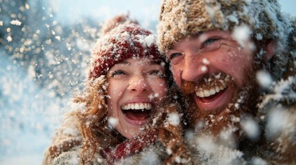 A cheerful couple enjoying a snowy day, their laughter resonating amid swirling snowflakes, creating a heartwarming scene of joy and togetherness in a winter landscape.