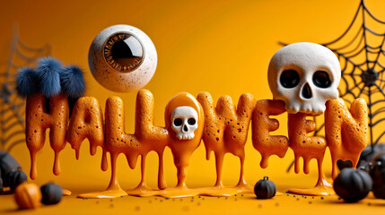 Halloween Dripping Letters with Skulls and Spiders on Orange Background