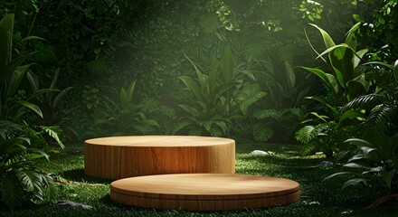 Empty Wooden Display Podium Surrounded by Lush Misty Jungle and Green Background