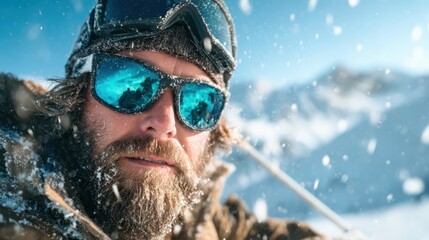 A rugged man with a beard wearing sunglasses captures the thrill of skiing amidst falling snowflakes against a backdrop of majestic mountains under a bright blue sky.