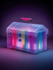 Transparent glass toolbox glowing with colorful neon lights on a dark background.