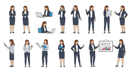 Collection of professional women demonstrating various business activities and poses in a modern office setting