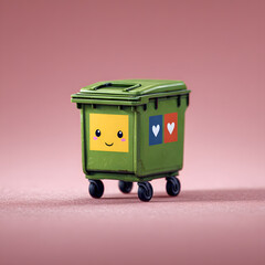 Toy Green Dumpster with Smiley Face and Hearts on a Rose Background