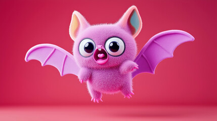 Cute Pink Cartoon Bat with Big Eyes and Fluffy Texture on Pink Background