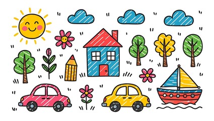 Obraz premium Whimsical child drawing of a house, trees, cars, flowers, sun, sailboat, and clouds on a white background, all colored in with crayon scribbles of red, yellow, green, and blue , crayon, illustration, 