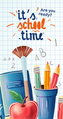 Back to school flyer template design. Stationery on a checkered background. Book, pencils, pencil cup, apple, paper located on the background. School and office banner, vector illustration
