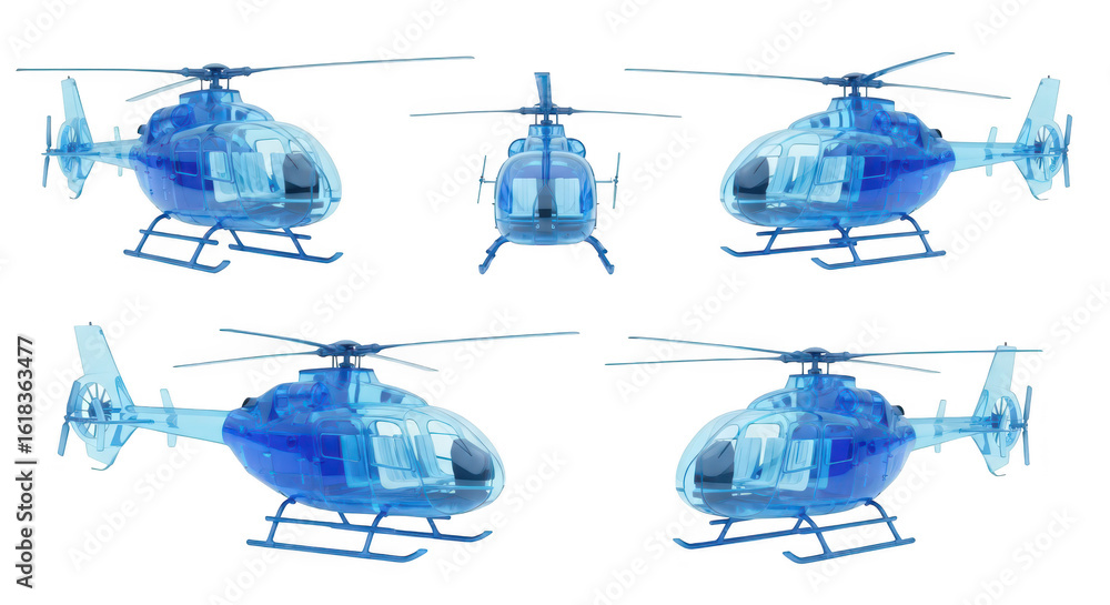 Poster transparent blue helicopter in multiple views against a white background showcasing design for visua
