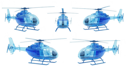Transparent blue helicopter in multiple views against a white background showcasing design for visualization or conceptual projects