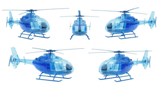 Transparent blue helicopter in multiple views against a white background showcasing design for visualization or conceptual projects