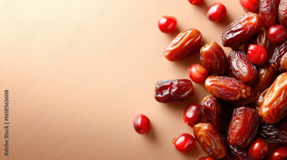 Poster a beautifully arranged collection of assorted dates and vibrant fruits against a soft backdrop, show