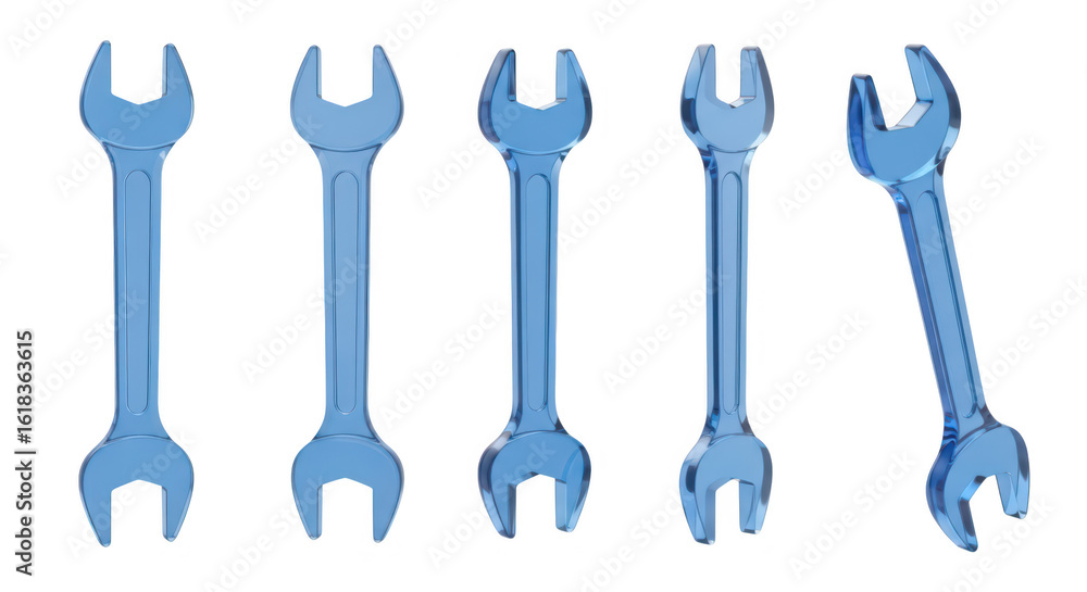 Poster transparent blue wrenches in varied angles stand in a row against a white background symbolizing rep