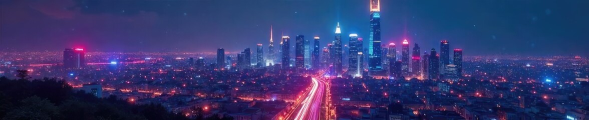 Fototapeta premium Futuristic city skyline at night, illuminated by vibrant, dynamic holographic lights and neon signs A stunning display of advanced technology and architectural design , neon signs, glowing
