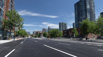 Obraz premium Urban street scene on a sunny day. City buildings line a wide road. Trees and light-blue sky are visible