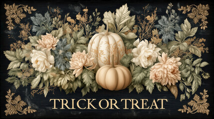Elegant Autumn Floral Arrangement with Pumpkins and "Trick or Treat" Text in Vintage Style