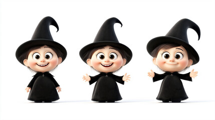 Adorable Witches: Three Cute Characters in Black Witch Hats on white background