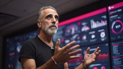 A man with gray hair and a beard gestures while explaining data on large digital screens filled with charts and graphs in a high-tech, analytical environment.