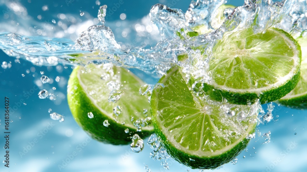 Poster a dynamic shot of limes splashing into crystal-clear water, creating mesmerizing droplets and ripple
