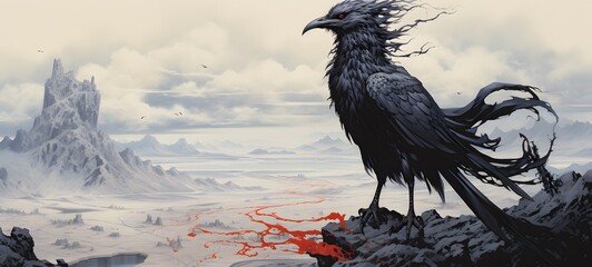 A haunted gothic Queen Tengu perched on a wind-swept hill art, generative ai