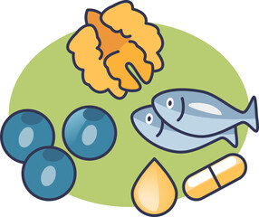 An illustration of brain-healthy foods: walnuts, blueberries, fish, and omega-3 supplements. These items represent a diet rich in nutrients for cognitive function and memory support.