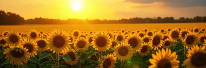 Fototapeta premium Golden hour sunlight illuminates a vibrant yellow field of sunflowers, stretching to the horizon The scene evokes warmth, joy, and the beauty of nature's vibrant hues , flowers, abundance