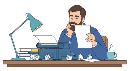 A writer deep in thought working hard at their desk with a typewriter and lamp