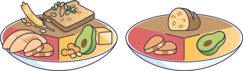 An illustration comparing a full meal with a calorie-restricted one. The plates show portion control with chicken, avocado, and bread, symbolizing a diet plan for weight management.