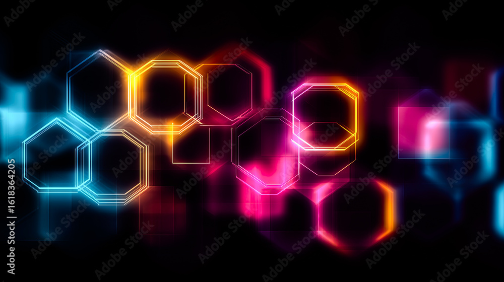 Poster abstract neon glowing background with geometric shapes and colorful squares on a dark backdrop. digi
