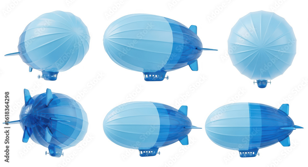 Poster blue airship model isolated on white background multiple views showing different angles for illustra