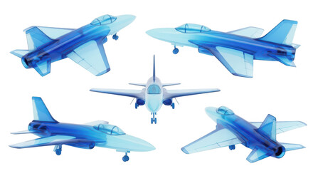 Set of abstract blue toy jet planes showcasing different angles isolated on a white backdrop used for illustration