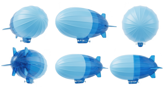 Blue airship model isolated on white background multiple views showing different angles for illustration or design purposes