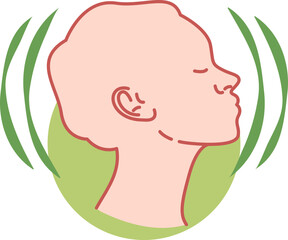 Illustration of a calm person with closed eyes, surrounded by soothing sound waves. Represents mindfulness, meditation, and stress relief techniques for mental well-being and tranquility.