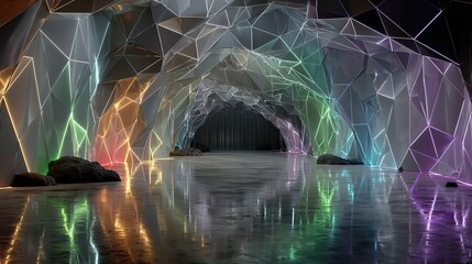 Abstract neon digital landscape with flowing lines and geometric shapes in fiber-optic tunnel. Dynamic cyberspace background conveying speed and movement.  